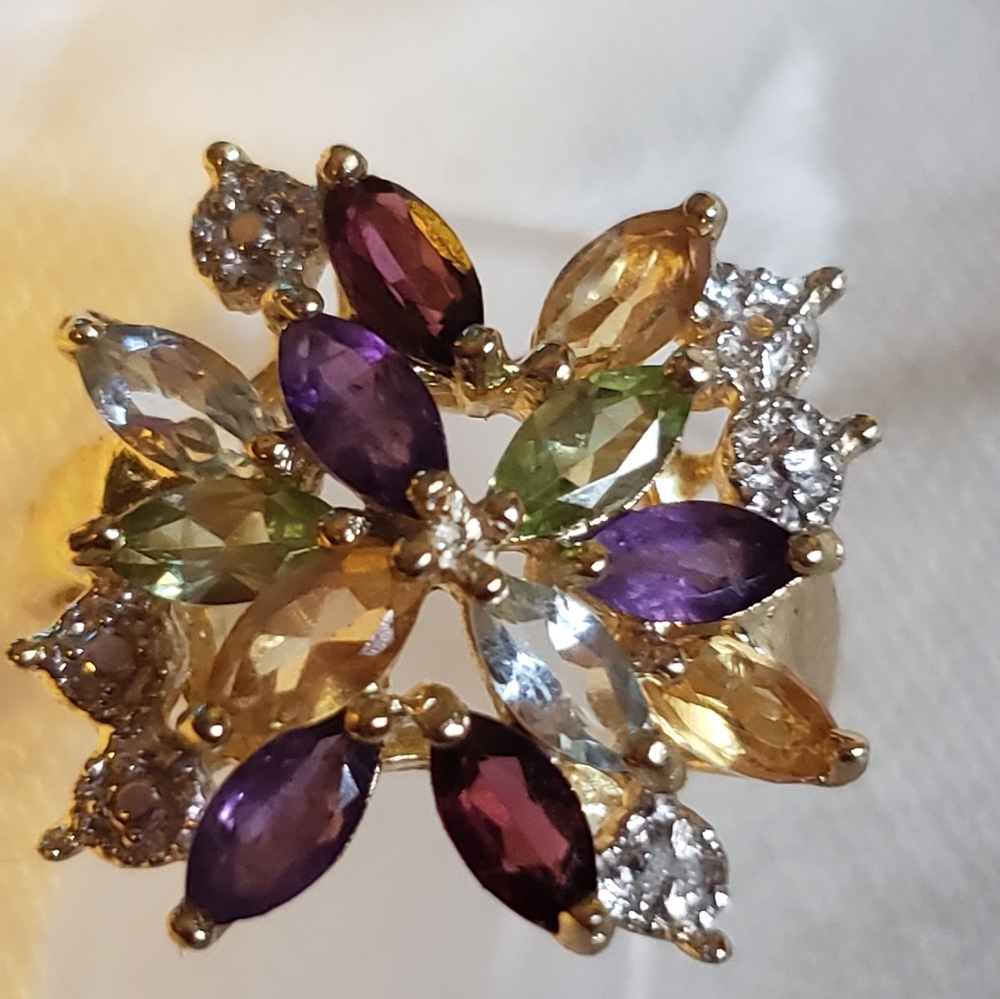 Authentic Gemstone Cluster ring 18K Gold over Sterling Silver size 5 - Picture 6 of 7